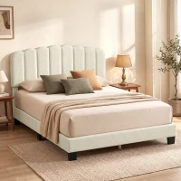 HOMCOM Queen Size Bed Frame with Adjustable Headboard, Linen-Feel Upholstered Platform Bed Frame with 12 Slat Support Beige(m-1)