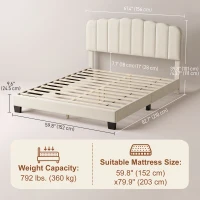 HOMCOM Queen Size Bed Frame with Adjustable Headboard, Linen-Feel Upholstered Platform Bed Frame with 12 Slat Support Beige(m-3)