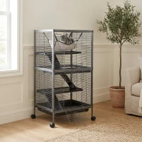 PawHut Metal Small Animal Cage Rolling Big Ferret Cage, Chinchilla Cage, Sugar Glider Cage, with Hammock & 4 Tiers, Removable Tray, Gray(m-2)