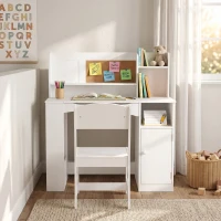 Qaba Kids Desk and Chair Set, Wooden Children Study Table with Tiltable Desktop, Storage Cabinet, Hutch for 3-12, White(m-8)