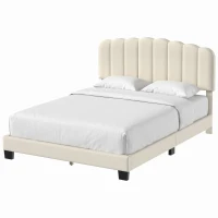 HOMCOM Queen Size Bed Frame with Adjustable Headboard, Linen-Feel Upholstered Platform Bed Frame with 12 Slat Support Beige(m-2)