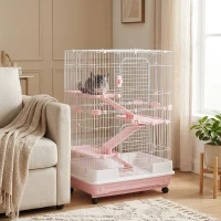 PawHut 32"L 4-Level Small Animal Cage Rabbit Hutch with Wheels, Slide-out Tray for Bunny, Chinchillas, Ferret, Pink(m-2)