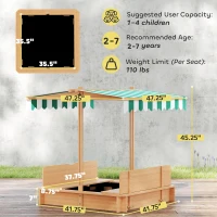 Outsunny Wooden Kids Sandbox with Cover, Children Outdoor Sand Box with Foldable Bench Seats and Adjustable Canopy(m-3)
