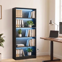 HOMCOM Bookshelf with LED Lights, 5-Tier Bookcase, Cable Holes, for Living Room, Study, Black Wood Grain(m-7)