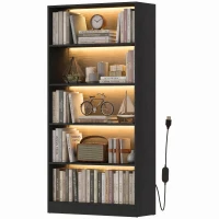 HOMCOM Bookshelf with LED Lights, 5-Tier Bookcase, Cable Holes, for Living Room, Study, Black Wood Grain(m-2)