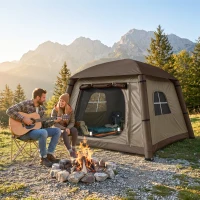 Outsunny Inflatable Camping Tent, 1-2 Person Glamping Tent with Hand Pump, Blow Up Tent with Doors, Carry Bag, Khaki and Brown(m-8)