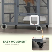 PawHut Cat Condo Wooden Indoor Cat House on Wheels with Cat Flap Door Platforms Hammock Openable Top for 2 Cats, Light Grey(m-5)