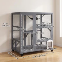 PawHut Cat Condo Wooden Indoor Cat House on Wheels with Cat Flap Door Platforms Hammock Openable Top for 2 Cats, Light Grey(m-3)