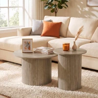 HOMCOM Round Nesting Coffee Table Set of 2, Fluted Mid Century Modern Circle Side Tables, Weathered Coffee Wood Grain(m-8)