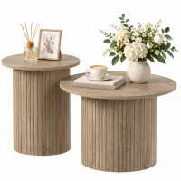 HOMCOM Round Nesting Coffee Table Set of 2, Fluted Mid Century Modern Circle Side Tables, Weathered Coffee Wood Grain(m-2)