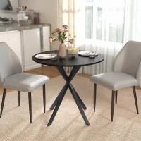 HOMCOM 31.5" Small Round Dining Table for 2, Industrial Kitchen Table with Cross Steel Legs for Dining Room, Distressed Black(m-2)