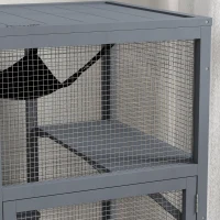 PawHut Cat Condo Wooden Indoor Cat House on Wheels with Cat Flap Door Platforms Hammock Openable Top for 2 Cats, Light Grey(m-9)