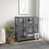 PawHut Cat Condo Wooden Indoor Cat House on Wheels with Cat Flap Door Platforms Hammock Openable Top for 2 Cats, Light Grey(m-8)