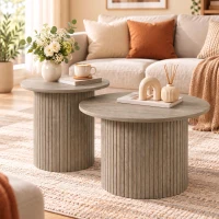 HOMCOM Round Nesting Coffee Table Set of 2, Fluted Mid Century Modern Circle Side Tables, Weathered Coffee Wood Grain(m-1)