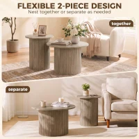 HOMCOM Round Nesting Coffee Table Set of 2, Fluted Mid Century Modern Circle Side Tables, Weathered Coffee Wood Grain(m-4)
