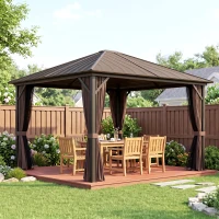 Outsunny 10' x 12' Hardtop Gazebo with Curtains and Netting, Gazebo Canopy with Aluminum Frame and Hooks, Coffee(m-10)
