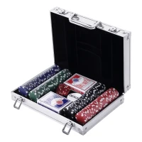Soozier Poker Chip Set with Aluminum Case, 200 Striped Poker Chips, 2 Decks of Cards, 5 Dice, Dealer Button, Silver(m-9)