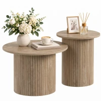 HOMCOM Round Nesting Coffee Table Set of 2, Fluted Mid Century Modern Circle Side Tables, Weathered Coffee Wood Grain(m-13)