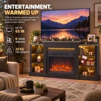 HOMCOM 55" Fireplace TV Stand for TVs up to 65", Entertainment Center TV Console, RGB LED Strips, 6 Shelves, Black Wood Grain(m-4)