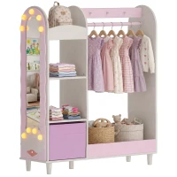 Qaba Kids Clothing Rack, Kids Wardrobe with Glowing Lights Mirror, Non-Woven Drawer and Shelves for Bedroom, Ages 3-8, Pink(m-13)