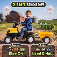 Qaba 2 in 1 Kids Ride On Tractor, 6V Electric Vehicle with Detachable Trailer, Music, Horn, Lights for Ages 1-3 Years, Yellow(m-5)