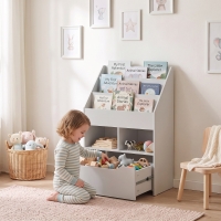 HOMCOM Kids Bookcase Multi-Shelf Rack Organizer with Storage Drawer for Books for Reading Nook, Classroom, Bedroom, Grey