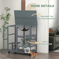 PawHut Cat Condo Wooden Indoor Cat House on Wheels with Cat Flap Door Platforms Hammock Openable Top for 2 Cats, Light Grey(m-7)