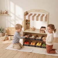 Qaba Wooden Grocery Store Playset Pretend Play with Play Food, Cash Register, Chalkboard, 61 Accessories for Boys & Girls 3-8(m-8)