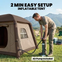 Outsunny Inflatable Camping Tent, 1-2 Person Glamping Tent with Hand Pump, Blow Up Tent with Doors, Carry Bag, Khaki and Brown(m-4)