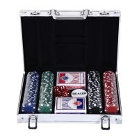 Soozier Poker Chip Set with Aluminum Case, 200 Striped Poker Chips, 2 Decks of Cards, 5 Dice, Dealer Button, Silver(m-1)