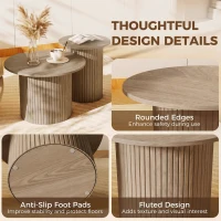 HOMCOM Round Nesting Coffee Table Set of 2, Fluted Mid Century Modern Circle Side Tables, Weathered Coffee Wood Grain(m-5)