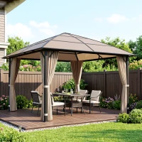 Outsunny 10' x 10' Outdoor Hardtop Gazebo Canopy with UV60+ Polycarbonate Roof, Steel Frame, Central Hook, Curtains, Khaki(m-8)