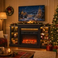 HOMCOM 55" Fireplace TV Stand for TVs up to 65", Entertainment Center TV Console, RGB LED Strips, 6 Shelves, Black Wood Grain(m-2)