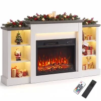 HOMCOM 55" Fireplace TV Stand for TVs up to 65", Entertainment Center TV Console, RGB LED Strips, 6 Shelves, White Wood Grain(m-11)