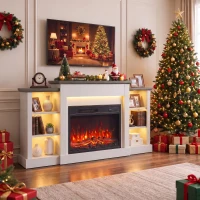 HOMCOM 55" Fireplace TV Stand for TVs up to 65", Entertainment Center TV Console, RGB LED Strips, 6 Shelves, White Wood Grain(m-8)
