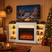 HOMCOM 55" Fireplace TV Stand for TVs up to 65", Entertainment Center TV Console, RGB LED Strips, 6 Shelves, White Wood Grain(m-2)