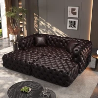 Modern Faux Leather Modular Sofa with Button Tufting and 2 Ottomans, Elegant Sectional Couch for Living Room, 77'' L x 36.5" W x 29" H, Dark Brown(m-1)
