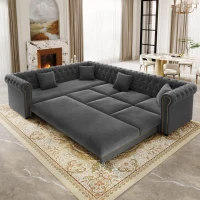 Elegant L-Shaped Sectional with Pull-Out Bed, Soft Velvet Sleeper Sofa with Tufting and Gold Trim, 115.5'' L x 87.5" W x 29" H, Dark Gray(m-10)
