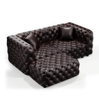 Modern Faux Leather Modular Sofa with Button Tufting and Ottoman, Elegant Sectional Couch for Living Room, 77'' L x 36.5" W x 29" H, Dark Brown(m-13)