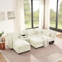 Cozy L-Shaped Sectional with Reversible Chaise and USB Port, Chic Sofa with Storage Drawer and Cup Holder, 137'' L x 58" W x 31" H, Beige(m-5)