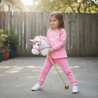 Qaba Stick Horse, Plush Handcrafted Hobby Horse with Wood Wheels, Real Pony Neighing and Galloping Sounds for Kids, White(m-8)