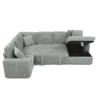 Modern Striped Corduroy U-Shaped Sofa with Pull-Out Bed, Versatile Storage Chaise Couch for Living Room Bedroom, 114'' L x 90"W x 37" H, Grey(m-12)