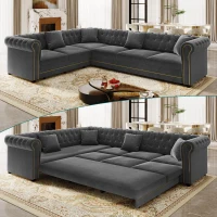 Elegant L-Shaped Sectional with Pull-Out Bed, Soft Velvet Sleeper Sofa with Tufting and Gold Trim, 115.5'' L x 87.5" W x 29" H, Dark Gray(m-9)