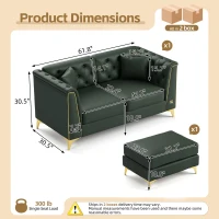 Elegant Chesterfield Sofa with Button Tufting and Metal Trim, Chic Faux Leather Ottoman with 2 Pillows, 61.5'' L x 30.5" W x 30.5" H, Green(m-3)