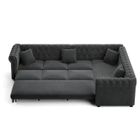 Elegant L-Shaped Sectional with Pull-Out Bed, Soft Velvet Sleeper Sofa with Tufting and Gold Trim, 115.5'' L x 87.5" W x 29" H, Dark Gray(m-12)