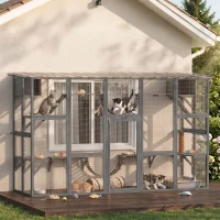 PawHut Large Outdoor Catio with Condos, Platforms, Doors, Ladders, Weather-Resistant Roof, Grey(m-1)