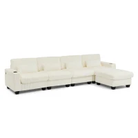 Cozy L-Shaped Sectional with Detachable Ottoman, Versatile Modular Sofa with Storage Pockets and Cup Holders, 124.5'' L x 31.5" W x 30" H, Beige(m-2)