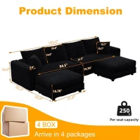 Dreamy Corduroy Cloud 4-Seat Sofa with 2 Ottomans, Handy Convertible Lounge Chair for Apartment Office, 102.5'' L x 35.5"W x 25.5" H, Black(m-3)