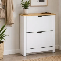 HOMCOM Slim Shoe Storage Cabinet, Shoe Cabinet with 2 Flip Drawers and Adjustable Dividers, Natural & White(m-8)