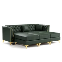 Elegant 3-Seat Chesterfield Sofa with Button Tufting, Chic Faux Leather Couch with Metal Trim and 3 Pillows, 81.5'' L x 30.5" W x 30.5" H, Green(m-2)